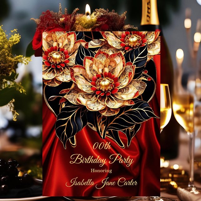 Invitación Exótico Partido del Cumpleaños Rojo Dorado floral  (Subido por el creador)