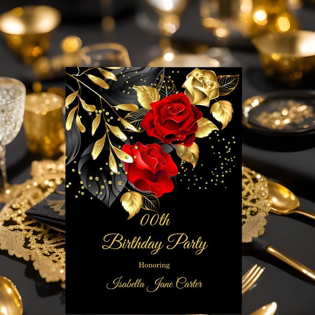 Invitación Exótico Red Rose Black Floral Gold Birday Party (Subido por el creador)
