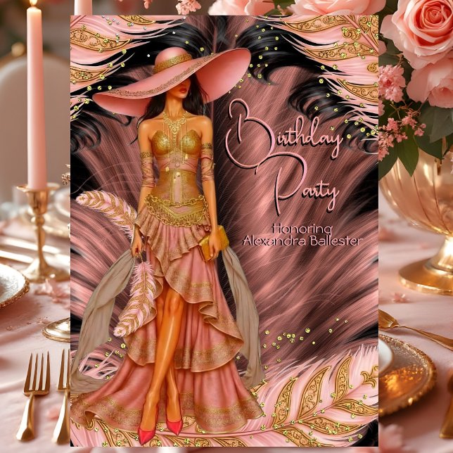Invitación Exótico vestido rosa Dorado Feather Cumpleaños (Subido por el creador)
