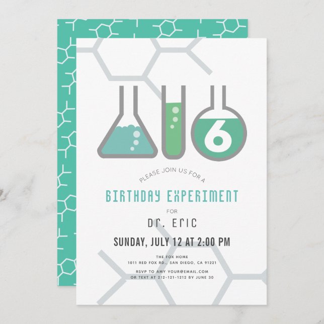Invitación Experimento científico Cumpleaños de White & Green (Anverso / Reverso)