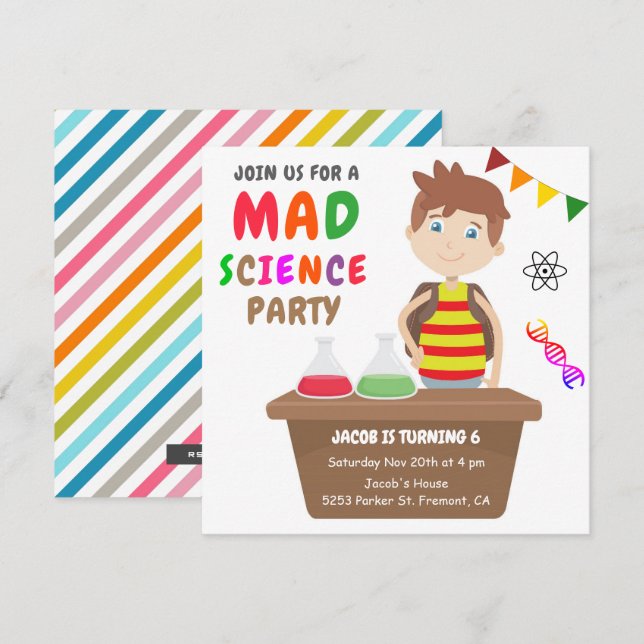 Invitación Experimento de Ciencia Loca Fiesta de Cumpleaños p (Anverso / Reverso)