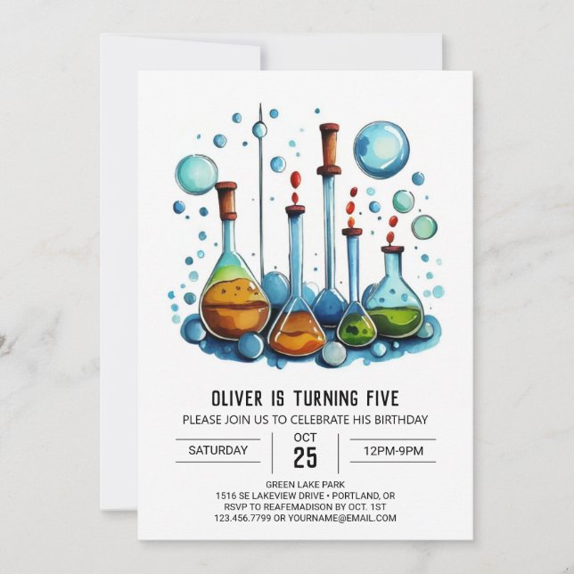 Invitación Experimento en línea Cumpleaños de Whimsy Scientis (Anverso)