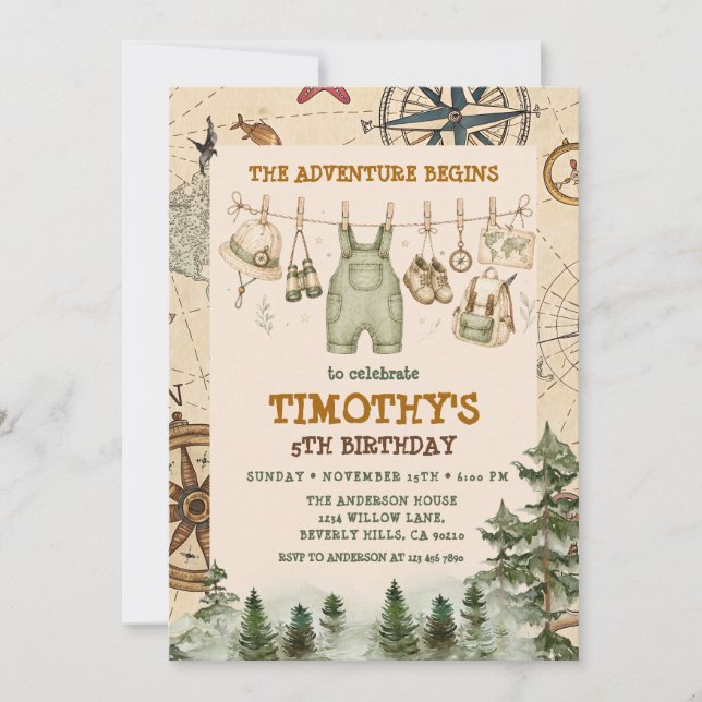 Invitación Explorador La Aventura Comienza Niño Cumpleaños  (Anverso)