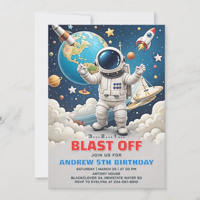 Invitación Explosión de astronauta en la fiesta de cumpleaños (Anverso)