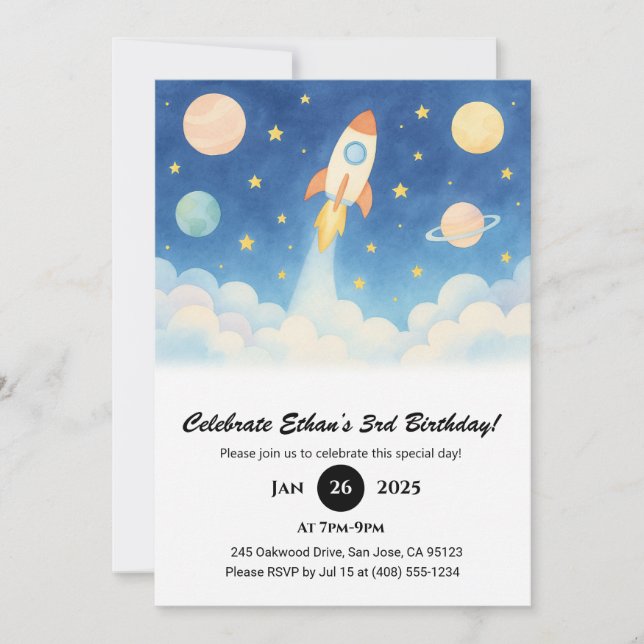 Invitación Explosión de cohete y cumpleaños de Starry Galaxy (Anverso)