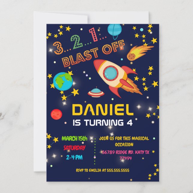 Invitación Explosión de fiesta de cumpleaños espacial (Anverso)