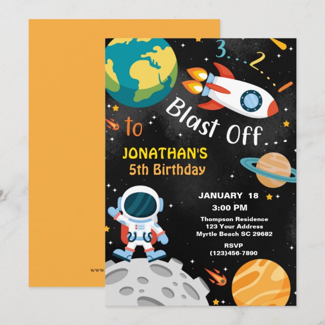 Invitación Explosión en el espacio exterior de la 5ª fiesta d (Anverso / Reverso)
