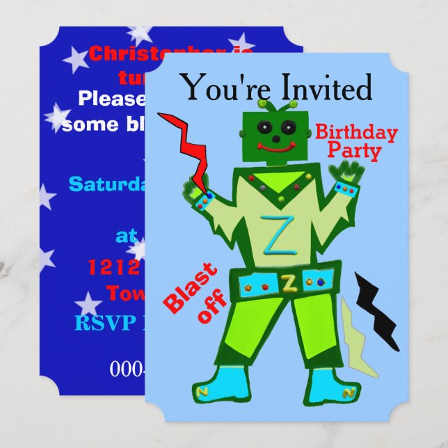 Invitación Explosión Robot Niño y Cumpleaños de las Estrellas (Anverso / Reverso)