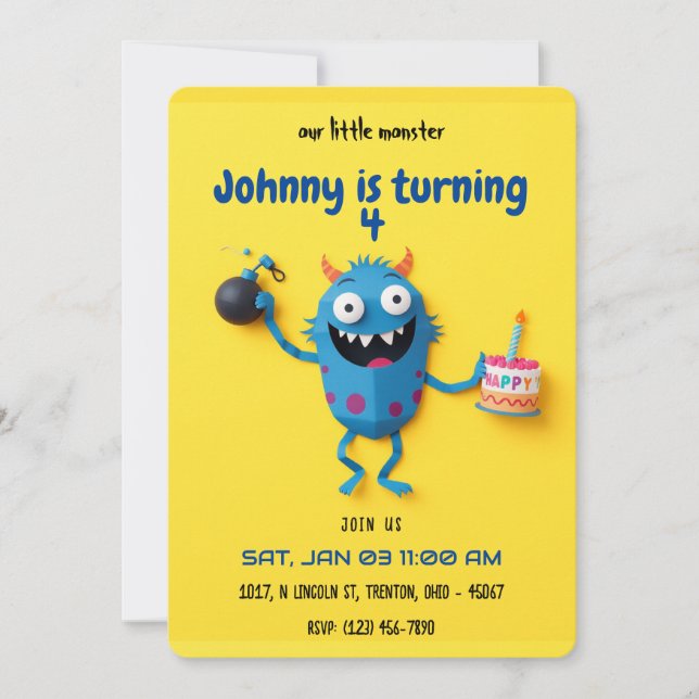 Invitación Explosiva sorpresa de cumpleaños - caos de monstru (Anverso)