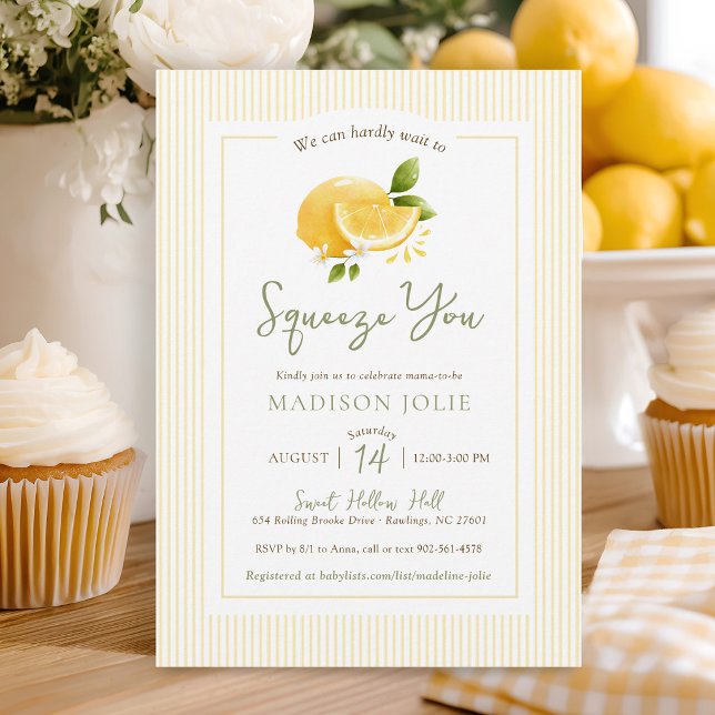 Invitación Exprimir Sus Limones Modernos Neutrales Fiesta de  (Cute Squeeze You modern simple watercolor lemon yellow stripes gender neutral baby shower invitation)