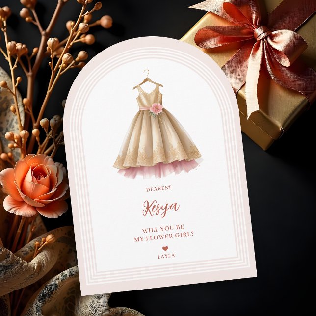 Invitación Exquisita y encantadora chica flor vestida de rosa (Exquisite Lovely Flower Girl Dress in Pink & Faux Gold Proposal Cards with Corner Arch Style.)