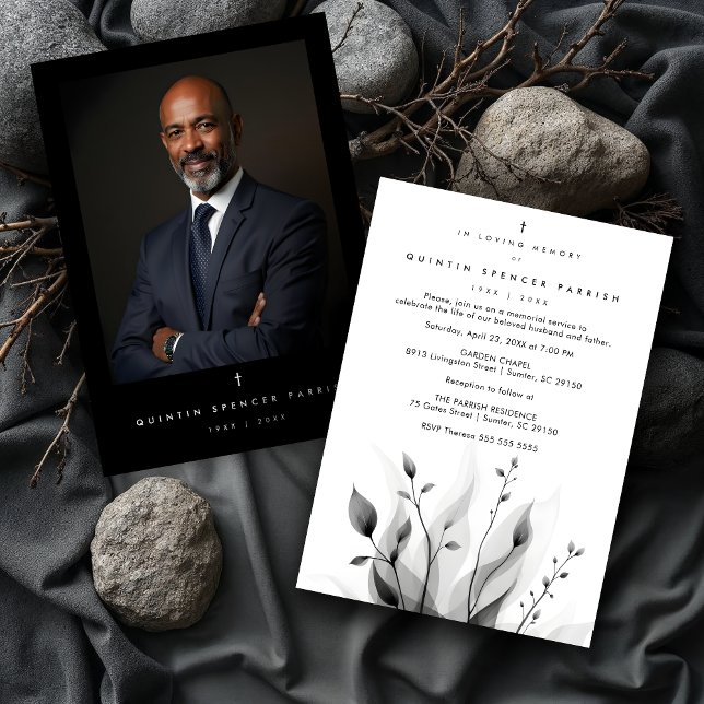 Invitación Exquisite Black & White Overlapping Leaves flowers (Exquisite Black & White Overlapping Leaves & Flowers Memorial Invitations Cards with Back Photo.)