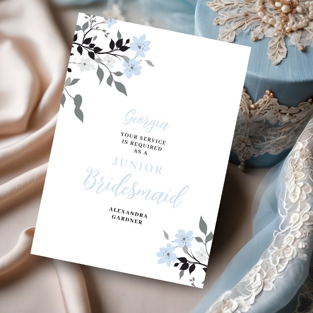 Invitación Exquisite Blue Floral Bunch Wedding Jr Bridesmaid (Exquisite Sophisticated Blue Floral Bunch Wedding Junior Bridesmaid Proposal Card.)