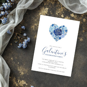 Invitación Exquisite Blue Floral Heart Galentine's Day Party 
