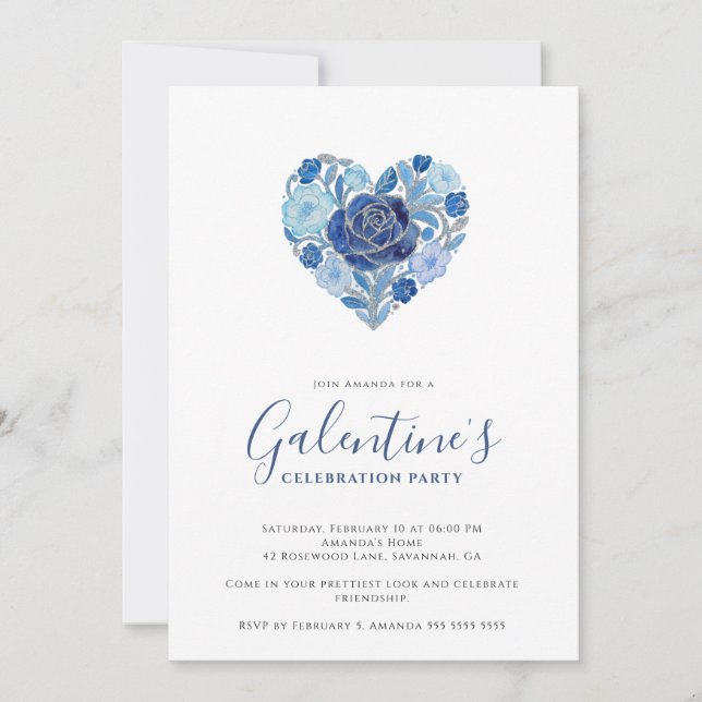 Invitación Exquisite Blue Floral Heart Galentine's Day Party  (Anverso)