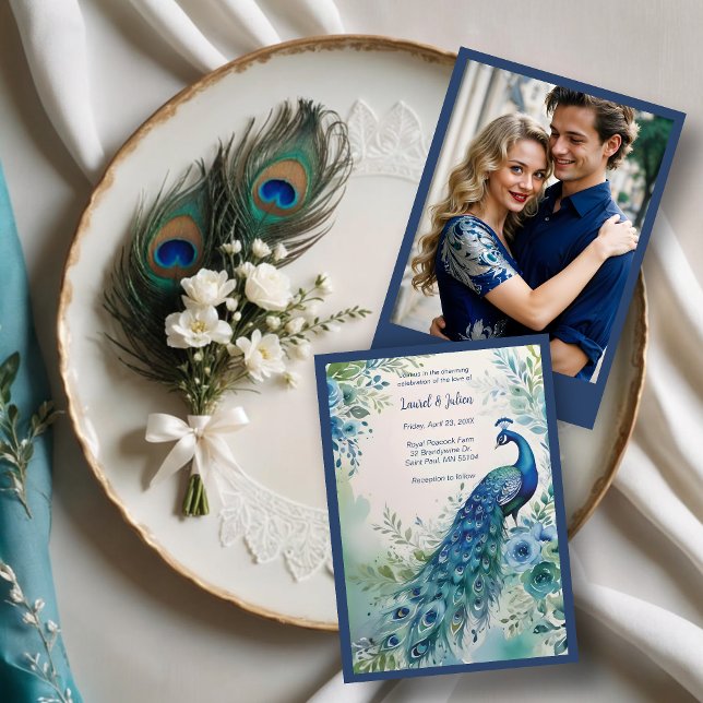 Invitación Exquisite Blue & Green Peacock Watercolor Photo  (Exquisite Blue & Green Peacock Watercolor Effect On Floral Garden Photo Wedding Invitations Cards.)