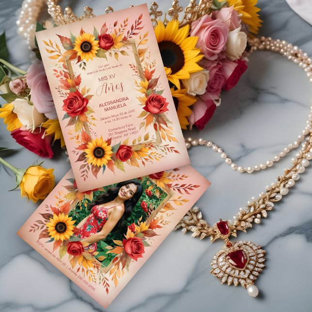 Invitación Exquisite Botanical Floral Frame Spanish Photo XVs (Exquisite Botanical Floral Frame Spanish Photo Mis XV Invitations Cards.)