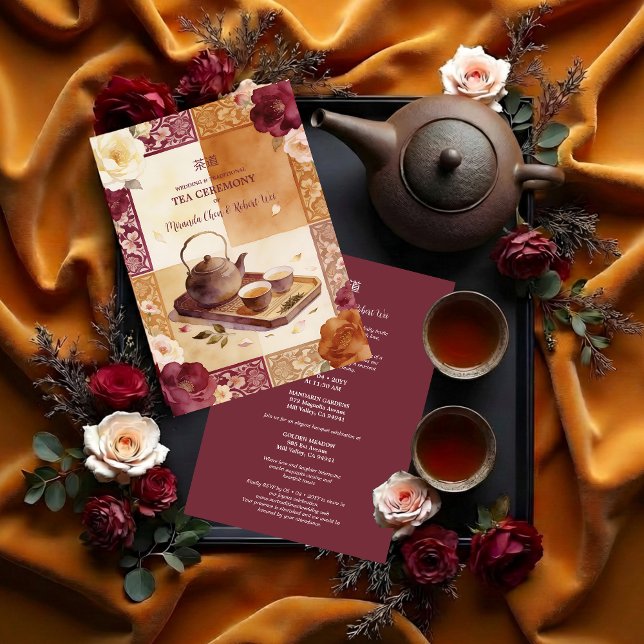 Invitación Exquisite Burgundy Oriental Tea Ceremony Wedding (Exquisite Burgundy Traditional Floral Chinese Tea Ceremony and Wedding Invitation Design.)
