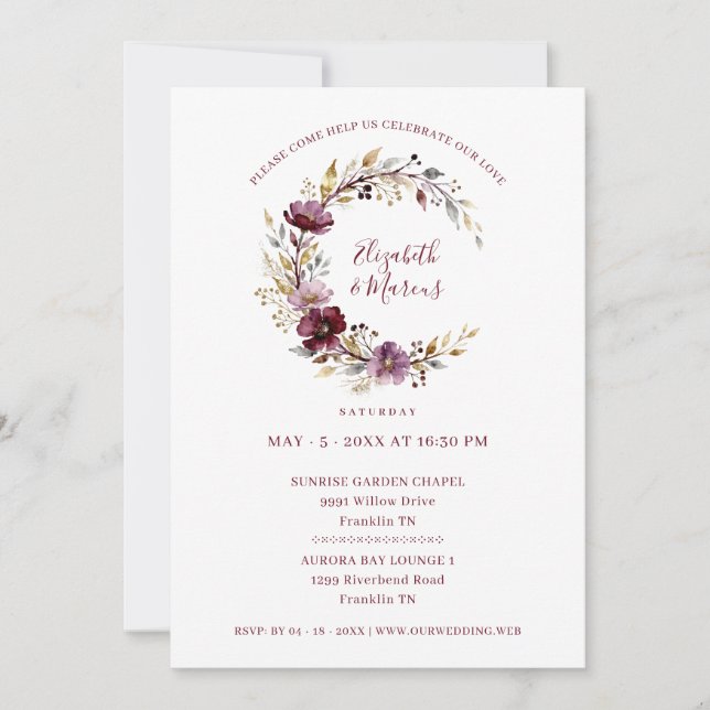 Invitación Exquisite Burgundy Wedding Floral Garland (Anverso)