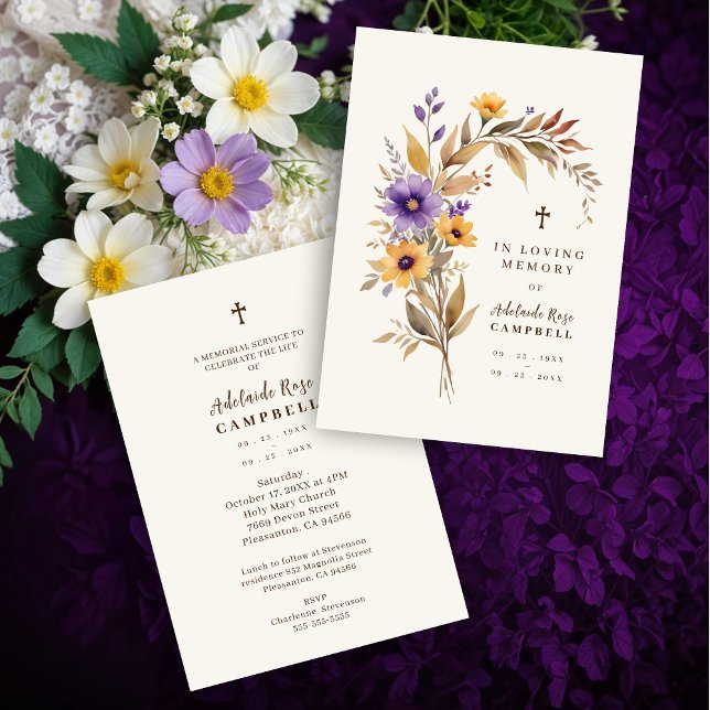 Invitación Exquisite Cherish Purple & Yellow Floral Bouquet  (Exquisite Cherish Purple & Yellow Floral Bouquet Funeral Dear Ones Invitations Cards.)