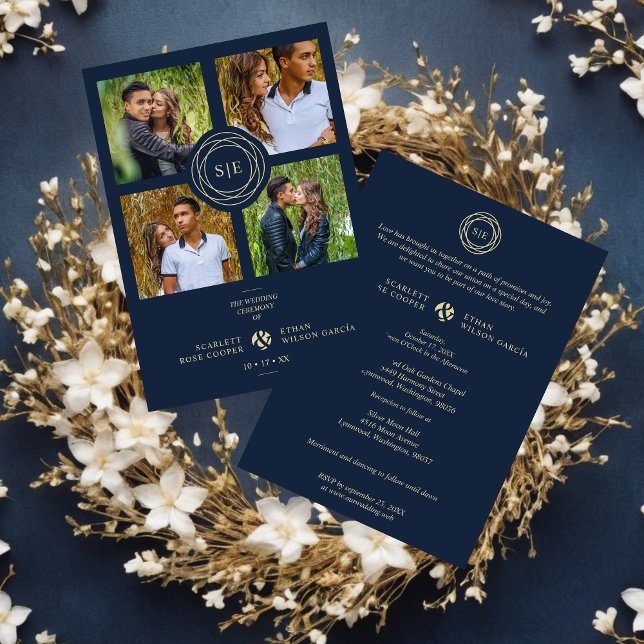 Invitación Exquisite Chic Navy Blue & Gold Initials 4 Photos  (Navy Blue & Fake Gold Minimal Initials Simple Fancy 4 Multi Photos Collage Wedding Invitation.)