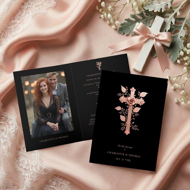 Invitación Exquisite Christian Rose Gold Cross Holy Marriage  (Exquisite Christian Rose Gold Effect Cross Holy Marriage Folder Invitation Cards with Photo. )
