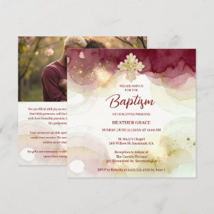 Invitación Exquisite Cross Burgundy & Gold Glitter Baptism