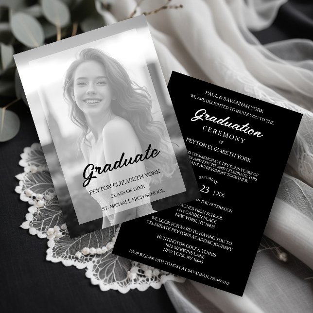 Invitación Exquisite Delicate Minimalist Black & White Photo (Exquisite Delicate Minimal Black & White Photo with Vellum Translucent Effect Graduation Invitation.)