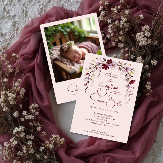 Invitación Exquisite Floral Burgundy Shades Arch Baby Baptism (Exquisite Floral Burgundy Shades Arch Baptism Invitation Design with Back Baby Photo. )