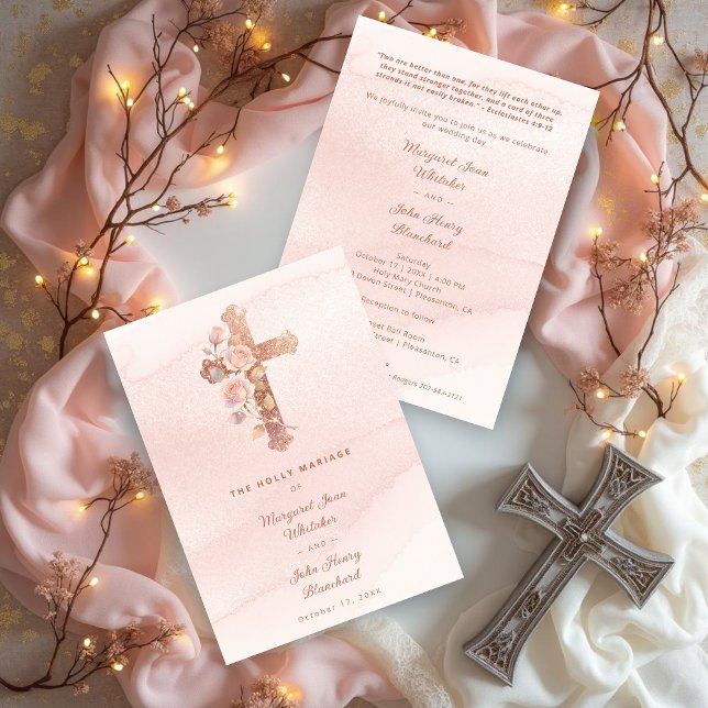 Invitación Exquisite Glitter Pink Floral Christian Cross (Exquisite Glitter Pastel Pink Floral Christian Cross Wedding Invitation Cards.)