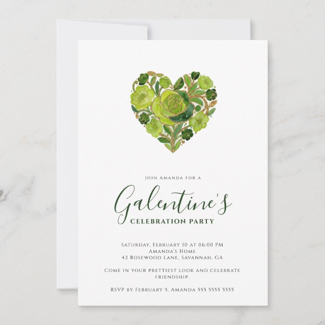 Invitación Exquisite Green Floral Heart Galentine's Day (Anverso)