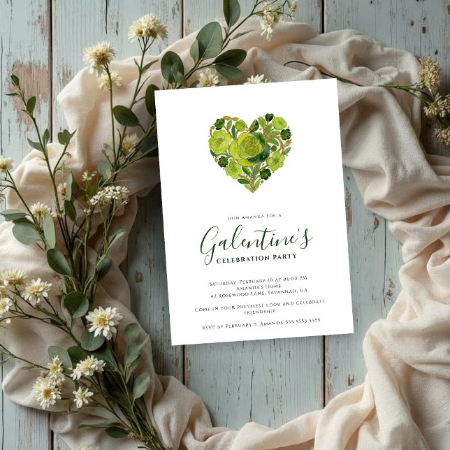 Invitación Exquisite Green Floral Heart Galentine's Day (Exquisite Floral Heart Galentine's Day Party Invitation Cards for Your Best Friends in Green Shades.)