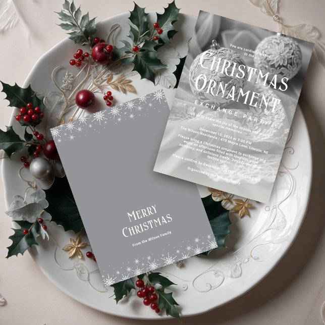 Invitación Exquisite Grey Shades Christmas Ornament  (Exquisite Grey Shades Christmas Ornament Exchange Party Invitations Cards.)