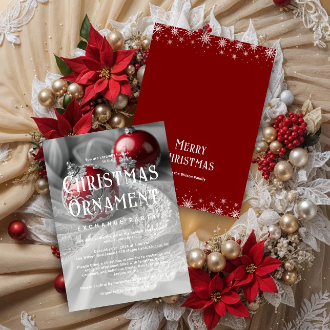 Invitación Exquisite Grey Shades & Red Christmas Ornament  (Exquisite Grey Shades & Red Christmas Ornament Exchange Party Invitations Cards.)
