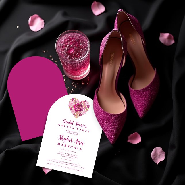 Invitación Exquisite Hot Pink Golden Heart Bridal Shower (Exquisite Floral Hot Pink and Golden Effect Heart Bridal Shower Invitation Design. )