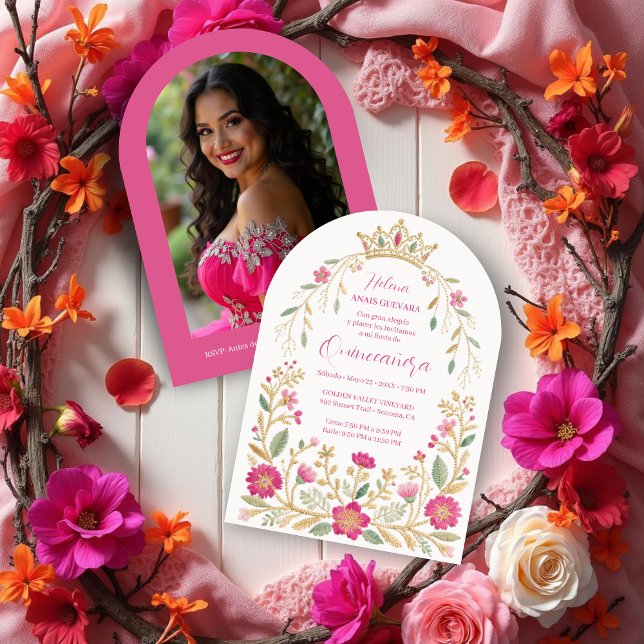 Invitación Exquisite Hot Pink Spanish Quinces Floral Border (Exquisite Hot Pink Spanish Mexican Inspired Floral Border Embroidery Style Quinceañera Invitation.)