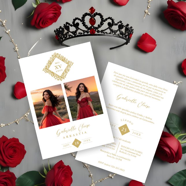 Invitación Exquisite Modern Floral Diamond Shape Mis XV Años (Exquisite Modern Floral Diamond Shape Mis XV Años Anagram 2 Photos Collage Invitation.)