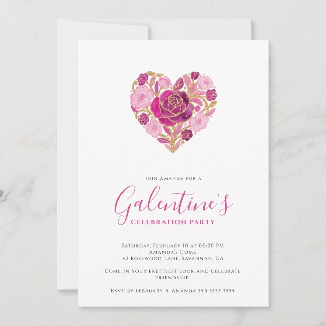 Invitación Exquisite Pink Floral Heart Galentine's Day Party  (Anverso)