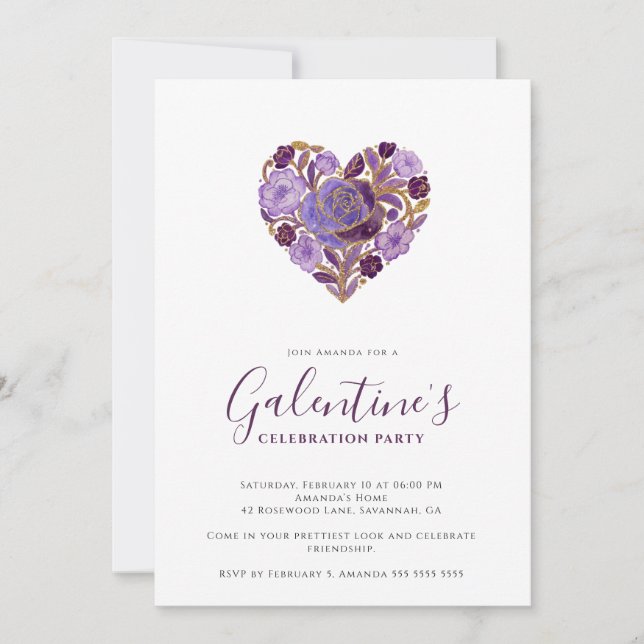 Invitación Exquisite Purple Floral Heart Galentine's Day (Anverso)
