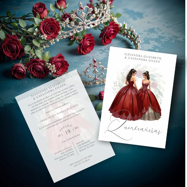 Invitación Exquisite Romantic Spanish Quinceañera Dolls Twins (Exquisite Romantic Spanish Quinceañera Dolls Twins Burgundy Invitations Cards.)