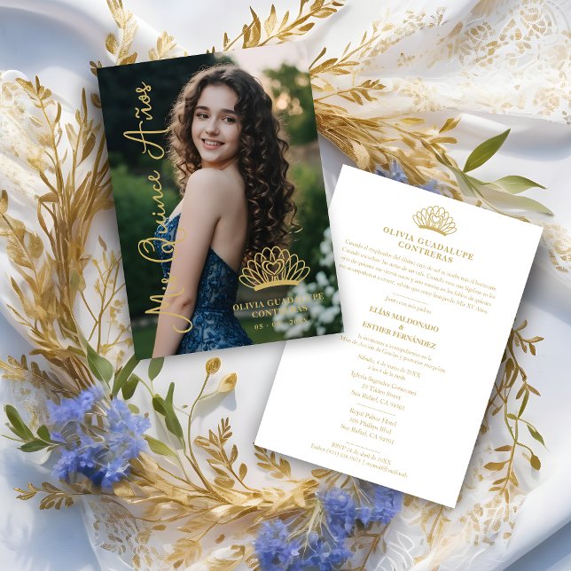 Invitación Exquisite Spanish Princess Crown Quinceañera Photo (Exquisite Spanish Princess Crown Quinceañera Photo Fancy Calligraphy Script Faux Gold Invitation.)