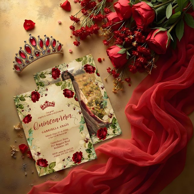Invitación Exquisite Spanish Quinces Vintage Romantic Photo (Exquisite Spanish Quinceañera Vintage Romantic Photo Red Roses Frame Invitation Card.)