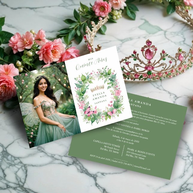 Invitación Exquisite Spring Tiara Green & Pink Floral Spanish (Exquisite Spring Tiara Green & Pink Floral Spanish Quinceañera Photo Invitations Cards. )