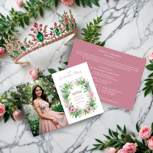 Invitación Exquisite Spring Tiara Pink & Green Floral Spanish (Exquisite Spring Tiara Pink & Green Floral Spanish Quinceañera Photo Invitations Cards.)