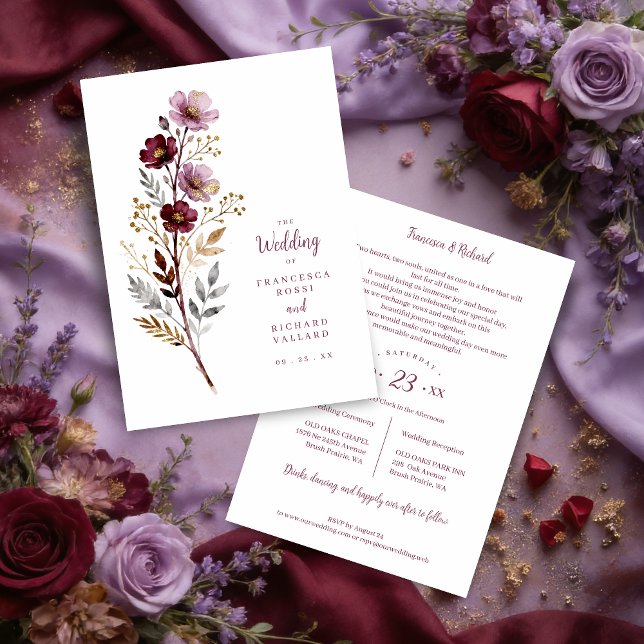 Invitación Exquisite Stylish Spring Botanical Purple Tones  (Stylish Spring Botanical Purple-Toned Exquisite Branches Wedding Card Design.)