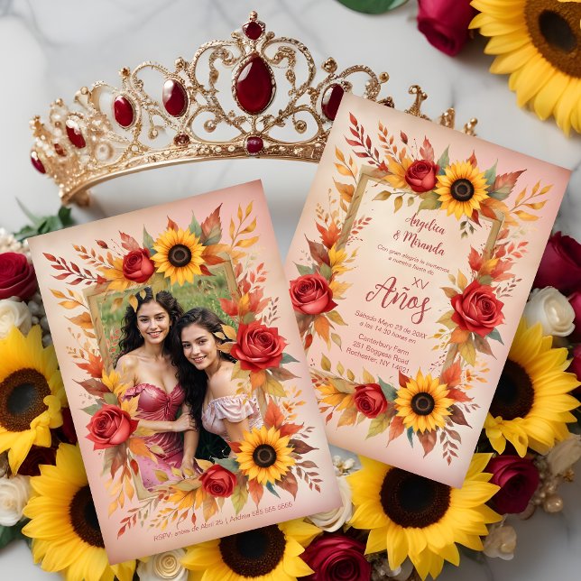 Invitación Exquisite Twins Botanical Frame Spanish Photo XVs (Exquisite Twins Sisters Botanical Frame Spanish Photo Mis XV Invitations Cards. )