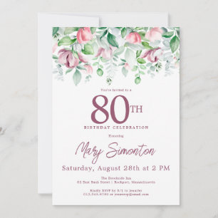 Invitación Exquisito Cumpleaños 80 Floral Rosa Mauve