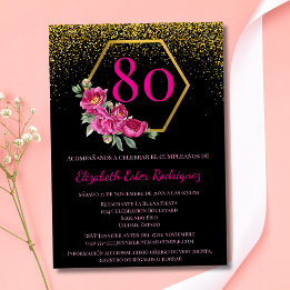Invitación Exquisito Negro Oro y Rosa 80 Cumpleaños