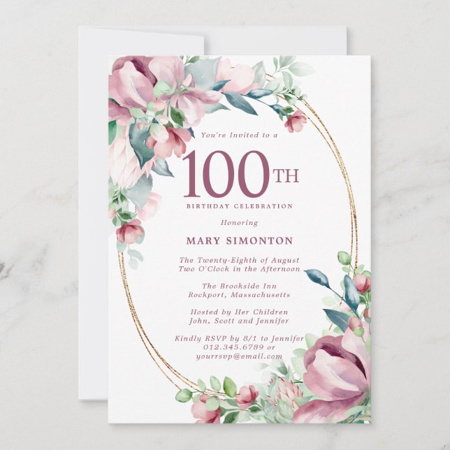 Invitación Exquisito Pink Mauve Floral 100 cumpleaños (Anverso)