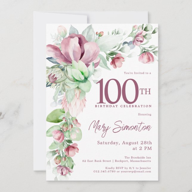 Invitación Exquisito Pink Mauve Floral 100 cumpleaños (Anverso)